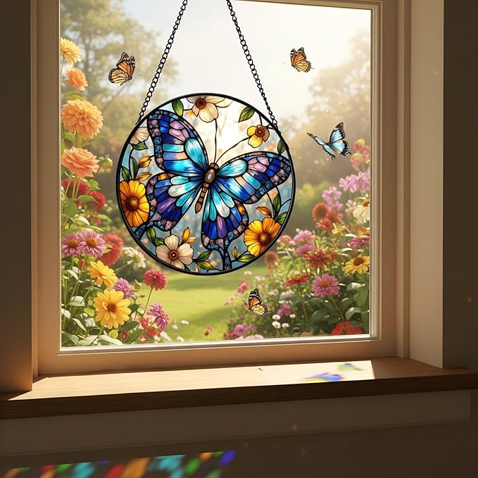 Butterfly Stained Glass Suncather for Window Hanging, 6.3'' Blue Butterfly Ornament Gift for Women, Nature-Inspired Wall Art Home Decor Gifts for Mom, Grandma, Mother's Day (Blue, 6.3'')