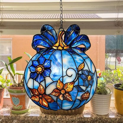 Blue Floral Pumpkin Acrylic Suncatcher Stained Glass Effect Window Car Hanging Christmas Ornament Indoor Outdoor Decor Garden Sun Catcher Panel for Halloween Lover for Women Mom Grandma