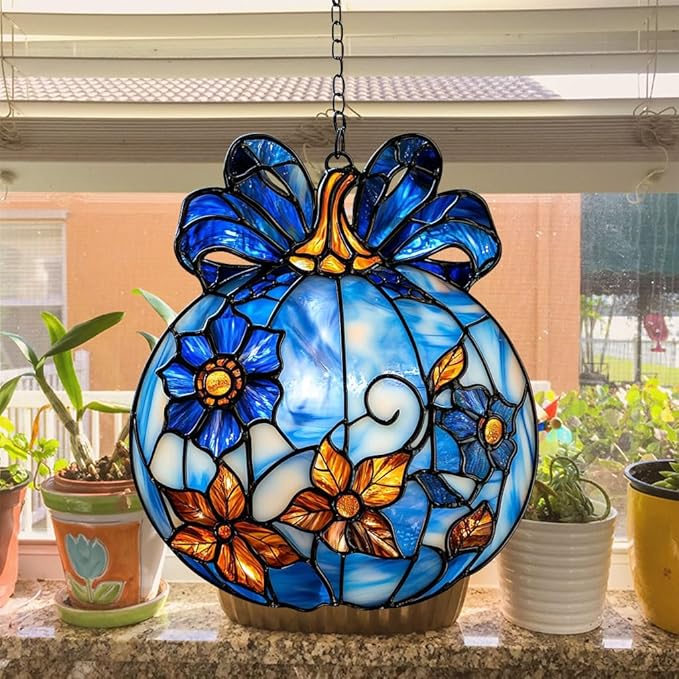 Blue Floral Pumpkin Acrylic Suncatcher Stained Glass Effect Window Car Hanging Christmas Ornament Indoor Outdoor Decor Garden Sun Catcher Panel for Halloween Lover for Women Mom Grandma