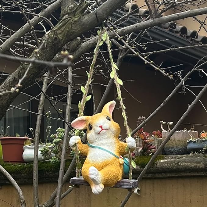 WAYUTO Swing Garden Rabbit Statue Ornament Decorative Hanging Hammock Animal Figurines Cute Resin Rabbit Figure Outdoor Funny Garden Decor for Patio Yard Lawn Fence Pathway Backyard Landscape Tree