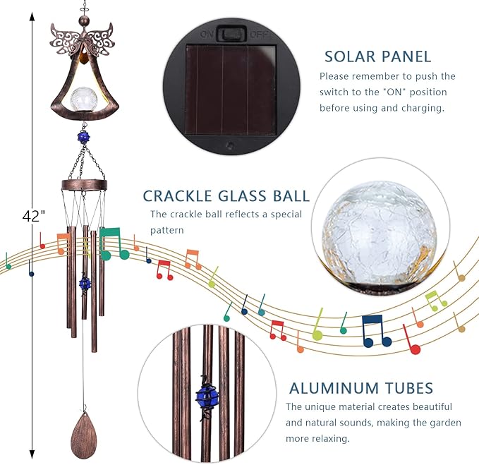 Taman Wind Chime - 42" Angel Solar Lights Wind Chimes Valentine's Day Gift for Outside Crackle Glass Ball LED Decorative Memorial Gift, Aluminum Tubes for Home, Outdoor, Yard, Patio,Garden Decor