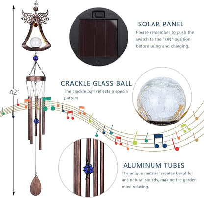 Taman Wind Chime - 42" Angel Solar Lights Wind Chimes Valentine's Day Gift for Outside Crackle Glass Ball LED Decorative Memorial Gift, Aluminum Tubes for Home, Outdoor, Yard, Patio,Garden Decor