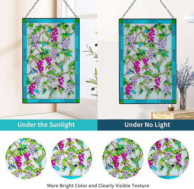 Viveta Hummingbird Stained Glass Window Hanging, Window Suncatchers with Chain, Bird and Flowers Stained Glass Panels for Windows Home Wall Art Decor(Rectangular 15 * 10")