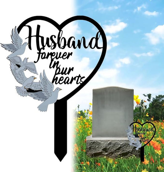 HPMAISON 11 inch Metal Husband Memorial Stake Grave Decorations for Cemetery Gravesite Sympathy Markers Waterproof Memorial Gifts for Loss of Husband Tombstones Plaque Outdoors Lawn Yard Decor
