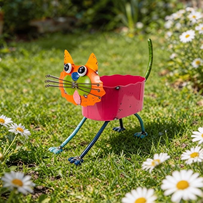 Oak & Lore Whimsical Metal Cat Garden Statues, Colorful Cartoon Cat Garden Sculptures & Statues with Planters for Patio Lawn & Yard Art Decor