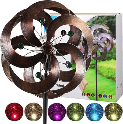 Solar Wind Spinner Improved 360 Degrees Swivel Multi-Color LED Lighting Glass Ball with Kinetic Wind Spinner Vertical Metal Sculpture Stake Construction for Outdoor Yard Lawn & Garden.