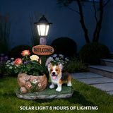 20" Solar Corgi Garden Statue with Welcome Sign & Planter - Large Dog Sculpture with LED Street Lantern - Weatherproof Resin Decorative Flower Pot for Porch, Yard & Patio - Pet Lover Gift