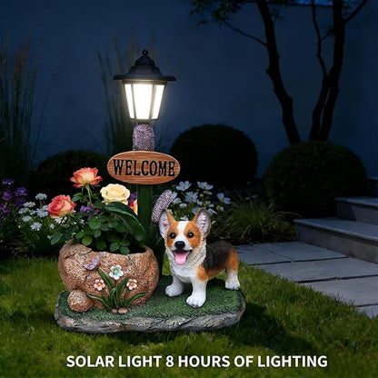 20" Solar Corgi Garden Statue with Welcome Sign & Planter - Large Dog Sculpture with LED Street Lantern - Weatherproof Resin Decorative Flower Pot for Porch, Yard & Patio - Pet Lover Gift