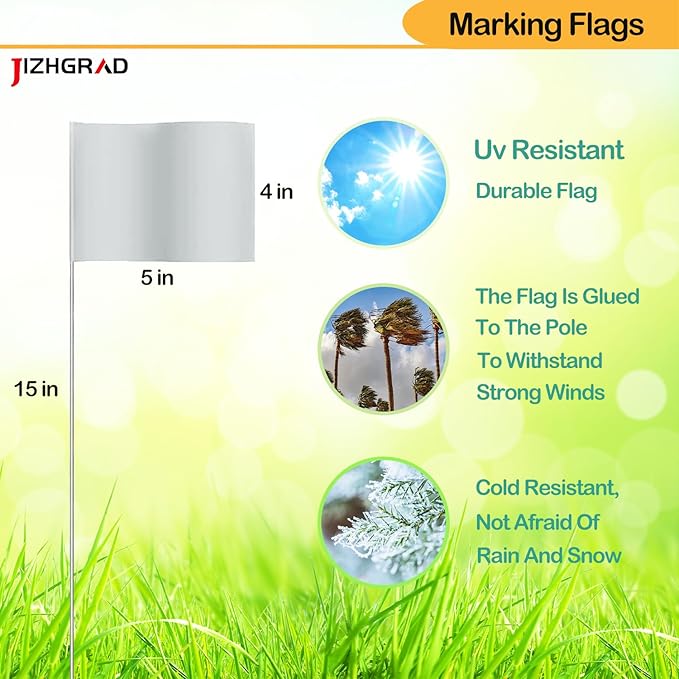 200Pack White Marking Flags, JIZHGRAD 15x4x5 Inch Marker Flags Use for Yard & Lawn, Boundary & Dog Training, Survey & Landscape, Sprinkler & Surveyor, Garden & Construction, High Visibility, Sturdy, Versatile, UV & Weather Resistant
