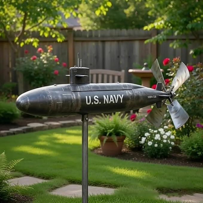 Metal Submarine Wind Spinner, U.S. Navy Style Garden Windmill, 360° Rotating Wind Sculpture for Yard, Patio, Lawn, Outdoor Decor, Veteran Gift
