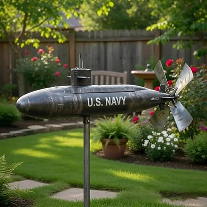 Metal Submarine Wind Spinner, U.S. Navy Style Garden Windmill, 360° Rotating Wind Sculpture for Yard, Patio, Lawn, Outdoor Decor, Veteran Gift