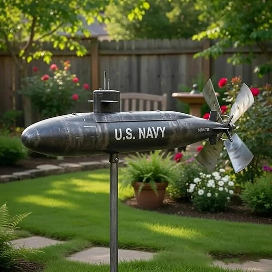 Metal Submarine Wind Spinner, U.S. Navy Style Garden Windmill, 360° Rotating Wind Sculpture for Yard, Patio, Lawn, Outdoor Decor, Veteran Gift
