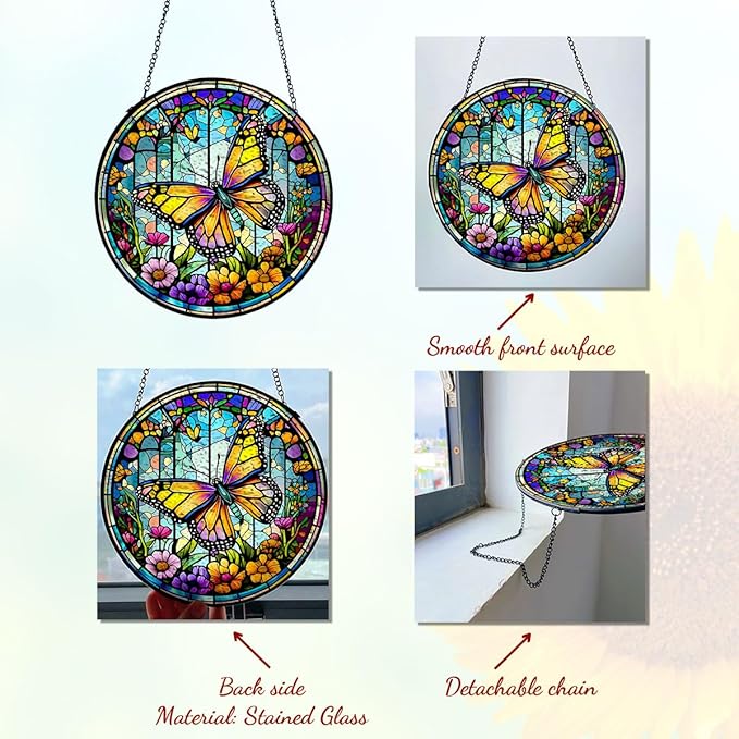 GENANY Butterfly Stained Glass Window Hanging, Sun Catcher with Metal Chain and Hook, Butterfly Spring Ornament Gifts for Women Men, Spring Home Decorations, Floral Themed Housewarming Gifts