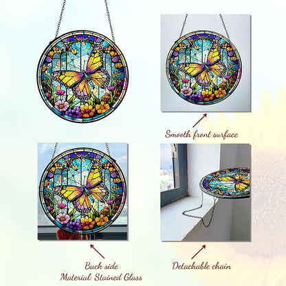 GENANY Butterfly Stained Glass Window Hanging, Sun Catcher with Metal Chain and Hook, Butterfly Spring Ornament Gifts for Women Men, Spring Home Decorations, Floral Themed Housewarming Gifts