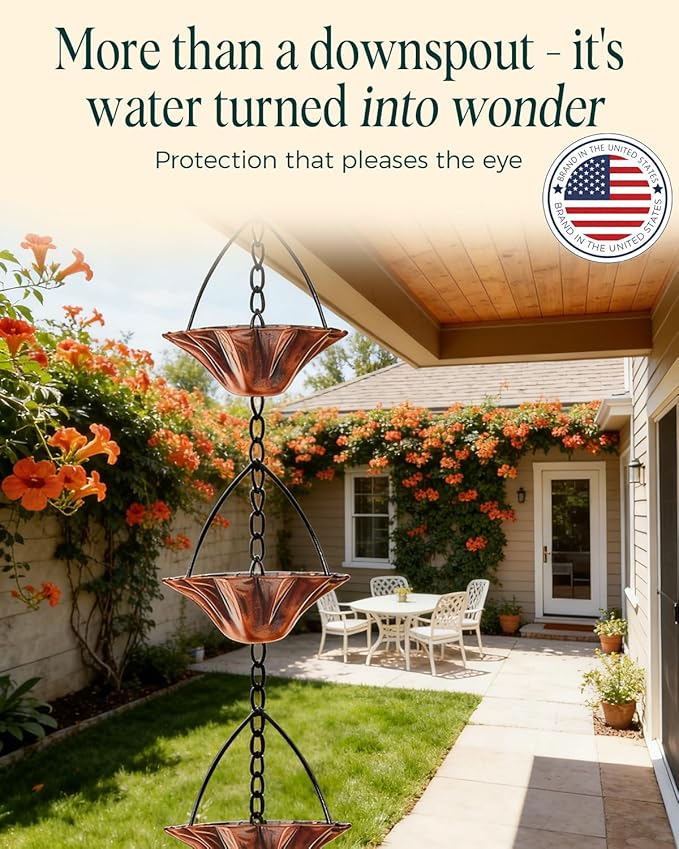 2Items 8.5FT Outdoor Rain Chain with 12 Lotus Cups & Bell, Decorative Rain Chains for Downspouts, Adjustable Gutter Drainage Replacement for Eaves, Easy Installation Water Catcher Chain