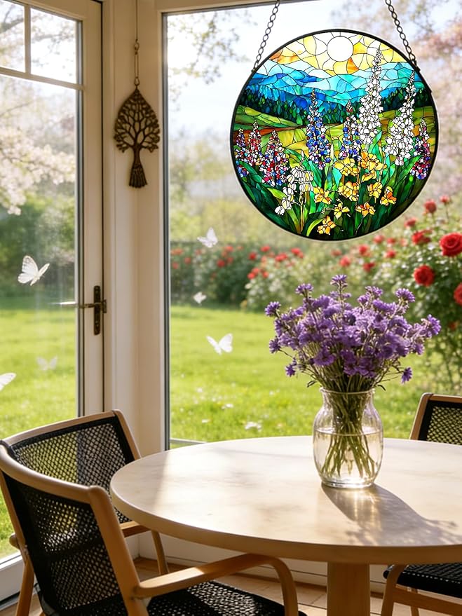 Stained Glass Window Hanging, Wildflowers Plant Scenery Suncatcher for Door Home Decor,Valley Sunrise Sun Catcher Ornament Mother's Day Birthday Gifts for Women Men Mom 6.3 in