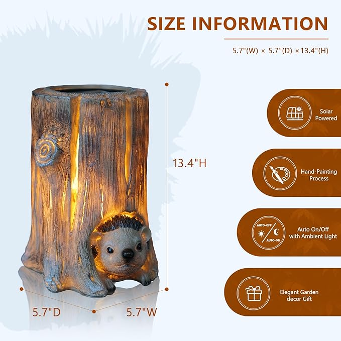 Landoraloria Solar Powered Tree Stump Owl Garden Statue with Light, Brown Resin, Waterproof Outdoor Decorative Lamp (Hedgehog)
