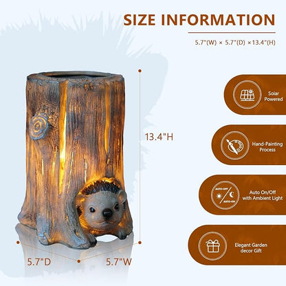 Landoraloria Solar Powered Tree Stump Owl Garden Statue with Light, Brown Resin, Waterproof Outdoor Decorative Lamp (Hedgehog)