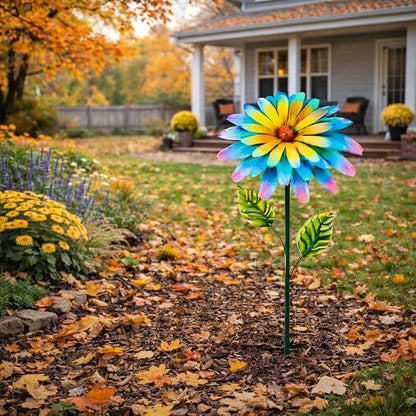 Glitzhome Metal Flower Yard Stake, 41 Inch Hand Painted Garden Flower with Blue Yellow Petals, Iron Garden Yard Spring Decor for Lawn Landscape