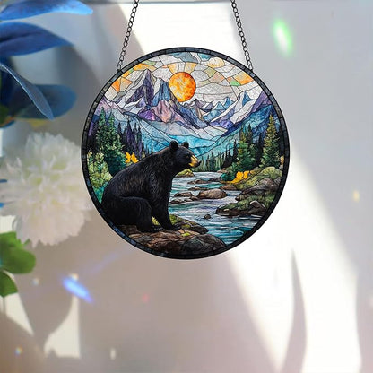 Bimkole Bear Stained Glass Suncatcher Window Hanging - Animal Tree Indoor Window or Doorway Decoration - Handmade Sun Catcher Decor for Garden Home Christmas & Birthday Gifts 7.87x7.87 inch