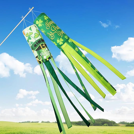 NOVWANG 2 Pieces St. Patrick's Day Windsock, 40 Inch Green Shamrock Outdoor Hanging Decorative for Balcony, Yard, Lawn, Patio, Garden