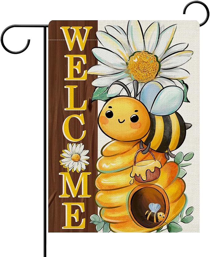 Dyrenson Welcome Spring Summer Bumble Bee Decorative Garden Flag, Daisy Flower Honeycomb Yard Outside Home Decorations, Farmhouse Honey Floral Burlap Outdoor Small Decor Double Sided 12 x 18