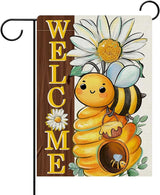 Dyrenson Welcome Spring Summer Bumble Bee Decorative Garden Flag, Daisy Flower Honeycomb Yard Outside Home Decorations, Farmhouse Honey Floral Burlap Outdoor Small Decor Double Sided 12 x 18