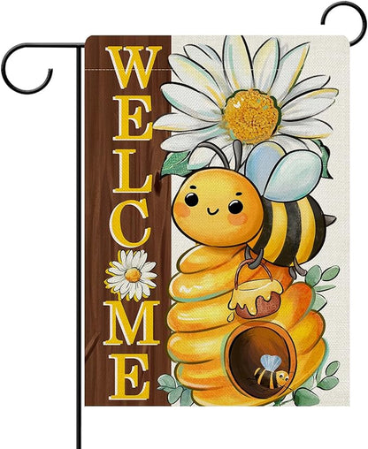 Dyrenson Welcome Spring Summer Bumble Bee Decorative Garden Flag, Daisy Flower Honeycomb Yard Outside Home Decorations, Farmhouse Honey Floral Burlap Outdoor Small Decor Double Sided 12 x 18