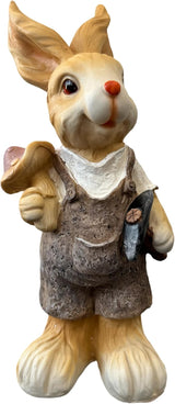 15 inch Resin Bunny Garden Statue, Labor Day Gardener Rabbit, Rabbit Topiary Sculpture for Yard, Patio, Lawn (Mushroom&Hoe)