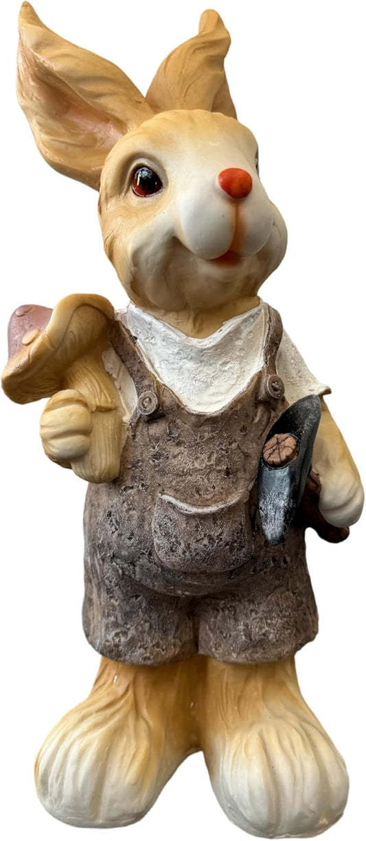 15 inch Resin Bunny Garden Statue, Labor Day Gardener Rabbit, Rabbit Topiary Sculpture for Yard, Patio, Lawn (Mushroom&Hoe)