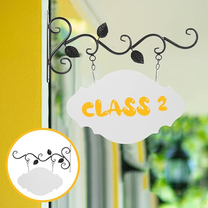 Hanging Sign Bracket with Blank Board, Wrought Iron Wall Hanger DIY Double-sided Signs Outdoor Wreath Hanger Flower Pot Brackets for Outdoor Business, Classroom Door, Home Farmhouse Decor