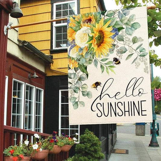 Baccessor Hello Sunshine Spring House Flag Sunflower Bee Eucalyptus Leaves Yard Flag 28 X 40 Inch Double Sided Burlap Large Spring Summer Flag for Outside Decor
