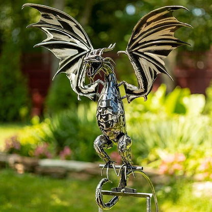 Zaer Ltd. Metal Dragon Rocking Garden Stake, Kinetic Wind Decor, Metallic Black Finish, Moving Wings (Tail Down Moonfyre)