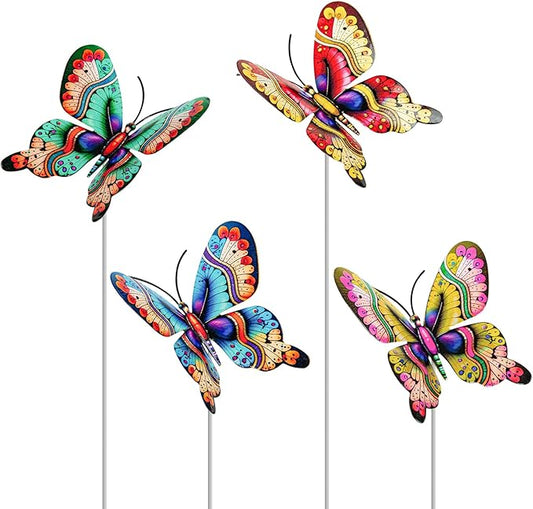 4Pcs Butterfly Garden Stakes Decor, Colorful Butterflies Decorations, Metal Yard Art for Outdoor Lawn Porch Pathway Yard Patio Plant Pot Ornaments (Butterfly- C)