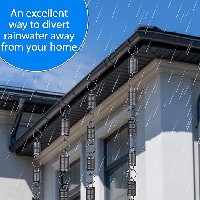 RainChains Pacific Tri-Stripe Rain Chain 8.5ft Black Aluminum Rain Chains for Gutters Decorative Gutter Chain Downspout.