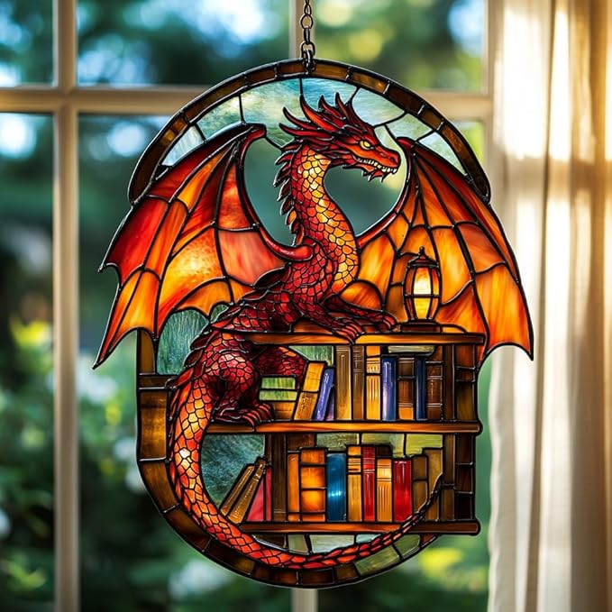 Books and Dragon Acrylic Suncatcher Stained Glass Effect Window Car Hanging Christmas Ornament Indoor Outdoor Decor Garden Sun Catcher Panel for Book Lover for Women Mom Grandma