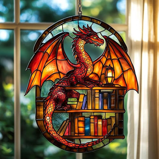 Books and Dragon Acrylic Suncatcher Stained Glass Effect Window Car Hanging Christmas Ornament Indoor Outdoor Decor Garden Sun Catcher Panel for Book Lover for Women Mom Grandma