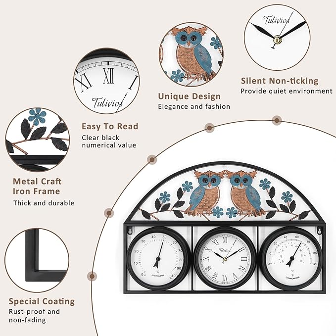 26Inch Large Outdoor Clock,Waterproof Wall Clock with Thermometer and Hygrometer Combo,Weatherproof Non-Ticking Battery Operated Decor Clock for Patio,Garden,Pool,Porch,House Warming Gifts