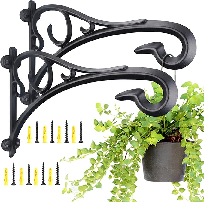 KABB Plant Hanging Bracket, Hand Forged Heavy Duty Black Iron Art Plant Hanging Hooks, Durable Rust-Resistant Wall Brackets for Planter Bird Feeder Lanterns Wind Chimes with Screws (2 Pack)