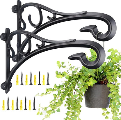 KABB Plant Hanging Bracket, Hand Forged Heavy Duty Black Iron Art Plant Hanging Hooks, Durable Rust-Resistant Wall Brackets for Planter Bird Feeder Lanterns Wind Chimes with Screws (2 Pack)