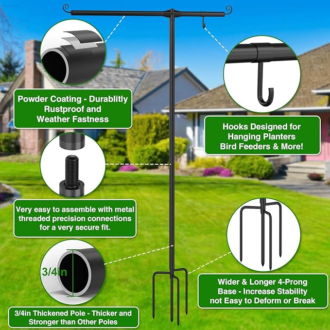 Garden Flag Stand Holder with Shepherd Hooks for 12 x 18 Flag, 51 Inch Height with 3/4 Inch Extra Thick Heavy Duty Garden Flag Pole with 4 Prong Base for Outside Home Yard Patio Decor