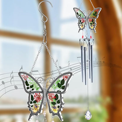 Butterflies Wind Chimes Glass Metal Real Flower and Multicolor 4 Tube Aluminum Windchime with S Hooks,Elegant Chime Outdoor, Garden,Balcony and Home Decoration with Wind Catcher Grandparent Day Gifts