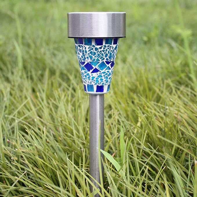 6-Pack Solar Mosaic Border Lawn Garden Lights, LED Mosaic Stake Lights Pathway Landscape Lighting for Patio Walkway Driveway Outdoor Christmas Garden Home Decoration (Blue)