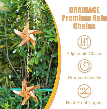 taman Rain Chain Set, 6ft Windmill Rain Chain for Gutters,Copper Rain Chain Cups to Replace Gutter Downspout, Divert Water, 6 Cups, Rose Gold