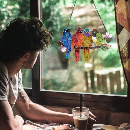 Stained Glass Window Hanging - Double-Sided 4 Birds on Branch Suncatcher, Vibrant Multicolor Glass Panel Art for Windows, Home Wall Decor, Indoor Outdoor Hanging Ornament for Bird Enthusiasts