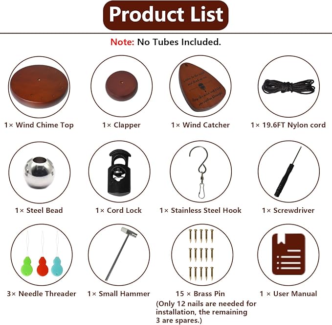 Wind Chime Repair Kit, 28 PCS Windchime Replacement Parts Including Round Top, Clapper, Wind Catcher, 19.6FT Nylon Cord, DIY Wind Chime Supplies (Brown)