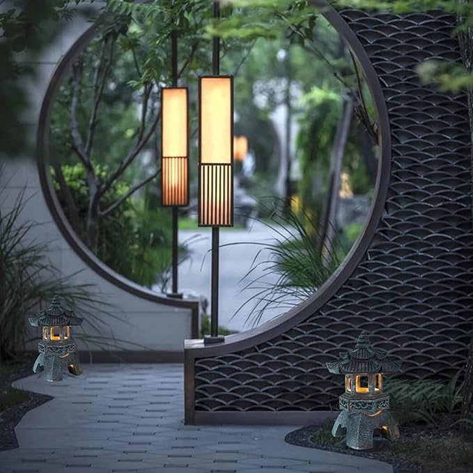 GANAZONO Statue Garden Solar Lights Resin Rock Lantern Pagoda Garden Statue for Patio Lawn Pathway Moon Decoration Grey