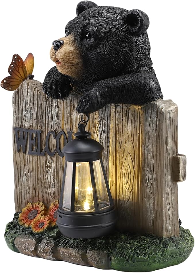 Solar Bear Garden Statue with Hanging Lantern Light, Resin Outdoor Welcome Sign Decor, Waterproof Solar Powered Garden Decoration for Yard, Lawn, Patio, 10.6"