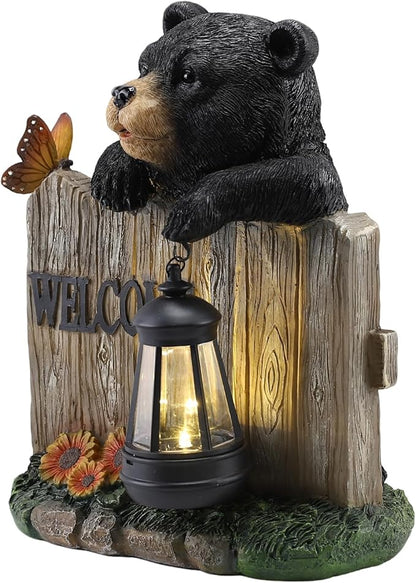 Solar Bear Garden Statue with Hanging Lantern Light, Resin Outdoor Welcome Sign Decor, Waterproof Solar Powered Garden Decoration for Yard, Lawn, Patio, 10.6"