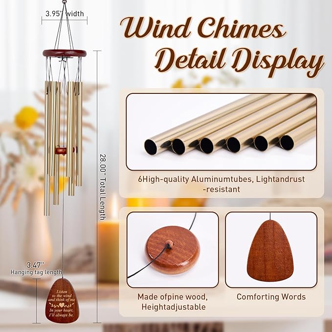 Wind Chimes for Outside, 28" Sympathy Memorial Wooden Wind Chimes for Loss of Loved One Mother Father, Pet Sympathy Gift Suitable for Outdoor, Garden, Patio Decoration Home Decor,Gold